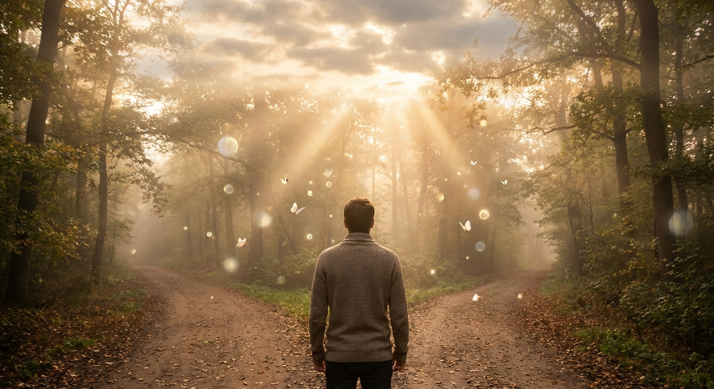 A serene crossroads in nature symbolizing spiritual choices and new beginnings