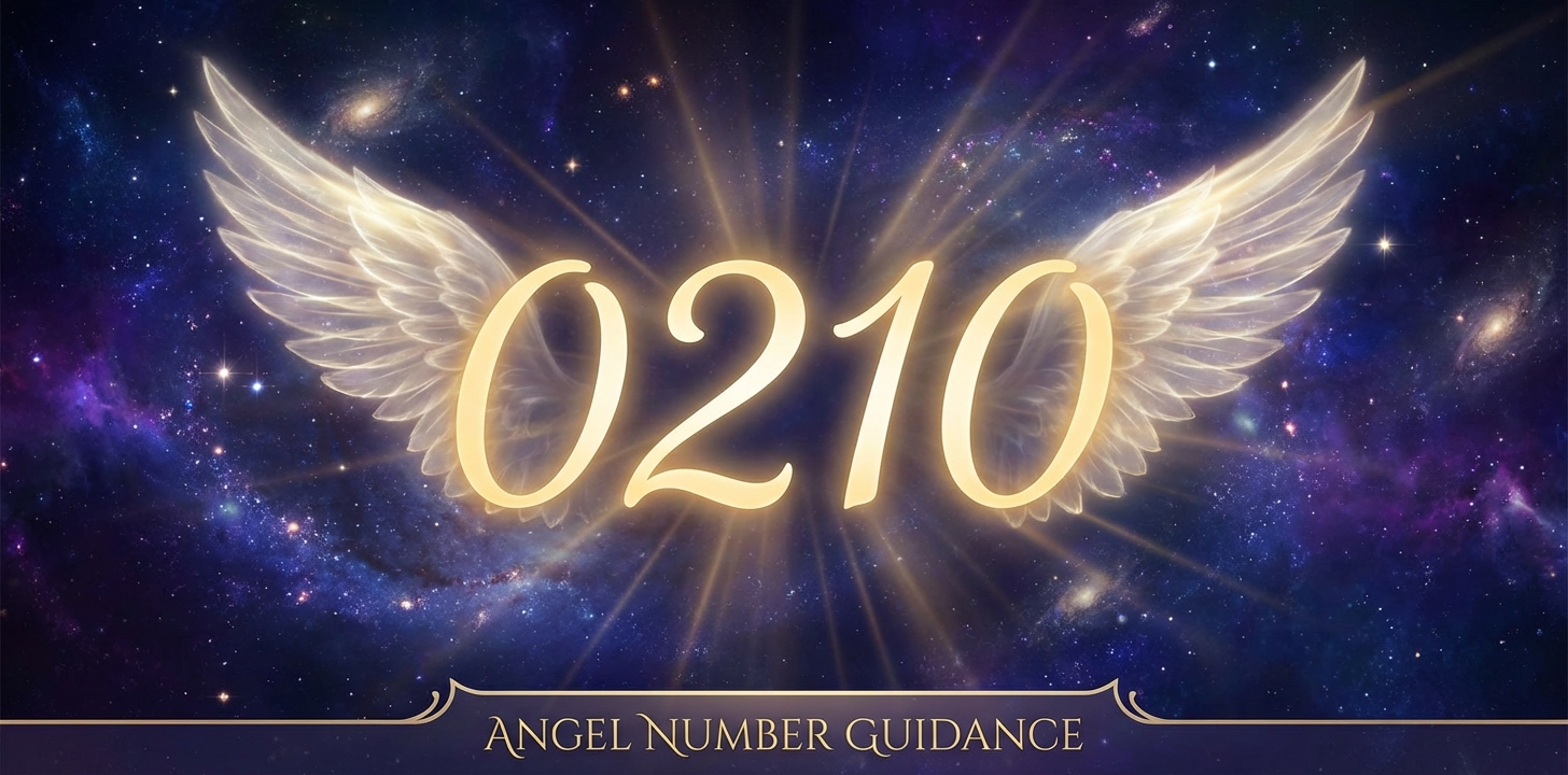 Angel Number 0210 glowing in golden light with cosmic background