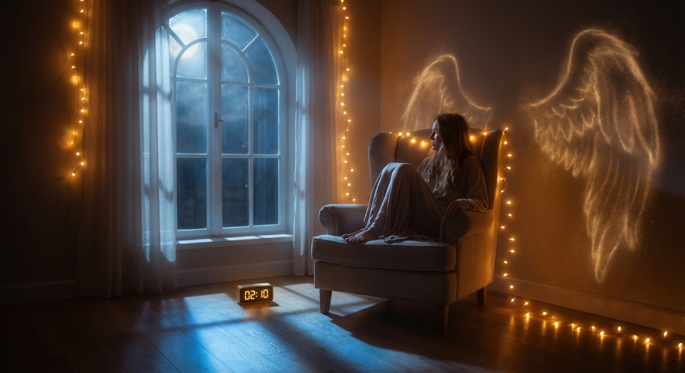 Person sitting by window at night seeing 02:10 on clock with angelic light