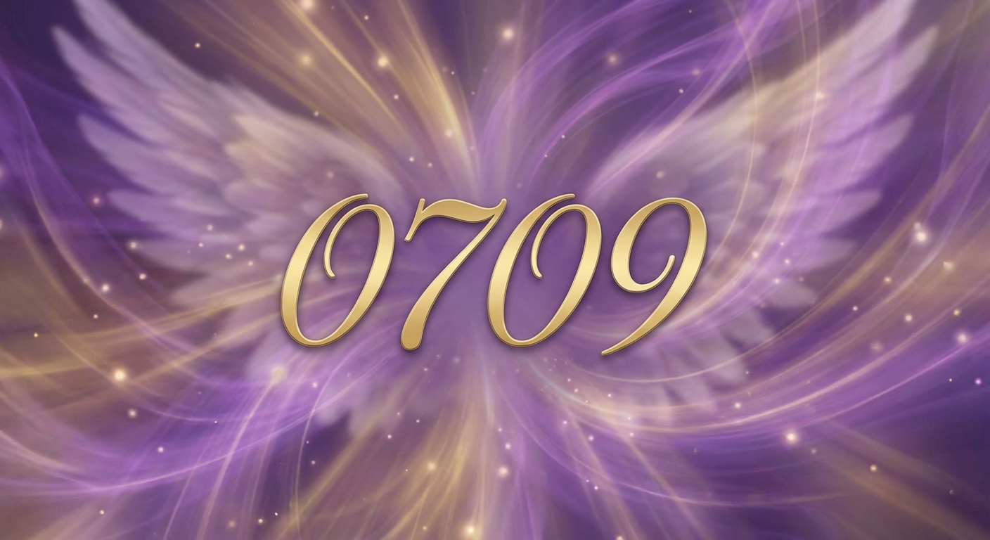 Angel number 0709 with ethereal purple and gold spiritual light