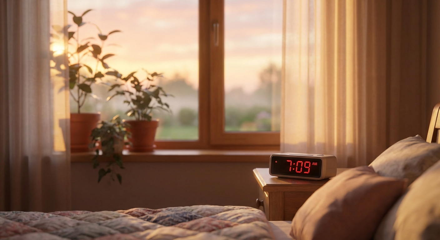 Warm sunrise through a bedroom window with clock showing 7:09 AM