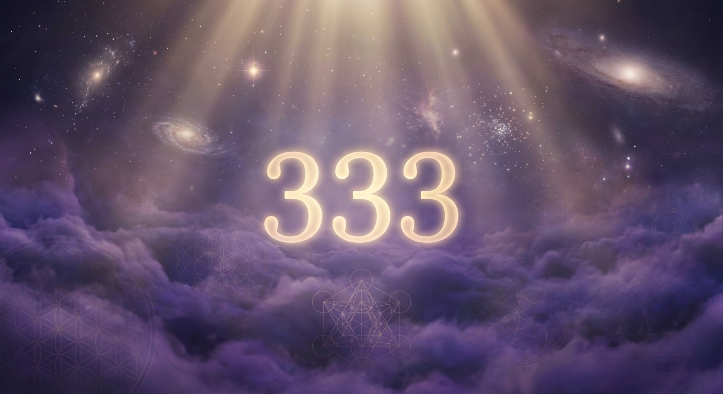 Angel Number 333 glowing in ethereal golden light with cosmic background