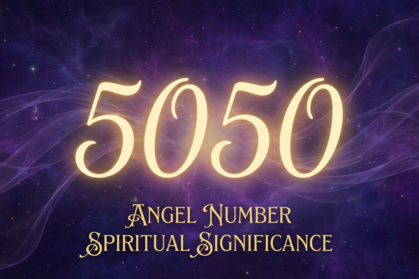 Angel number 5050 glowing in golden light against a cosmic purple background