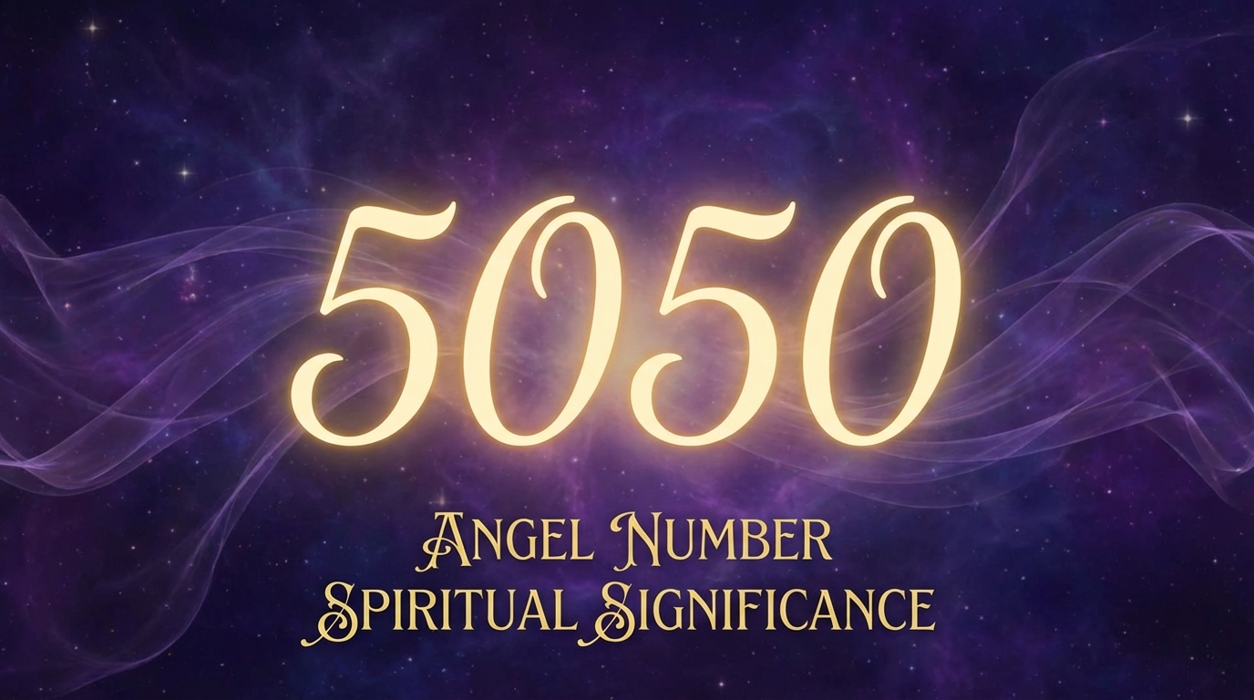 Angel number 5050 glowing in golden light against a cosmic purple background