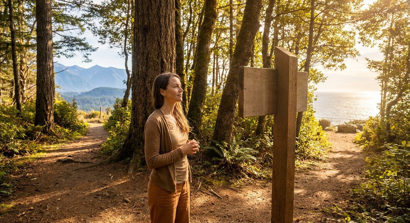 A serene woman standing at a crossroads in a beautiful forest with golden light, symbolizing the life changes and infinite possibilities of angel number 5050