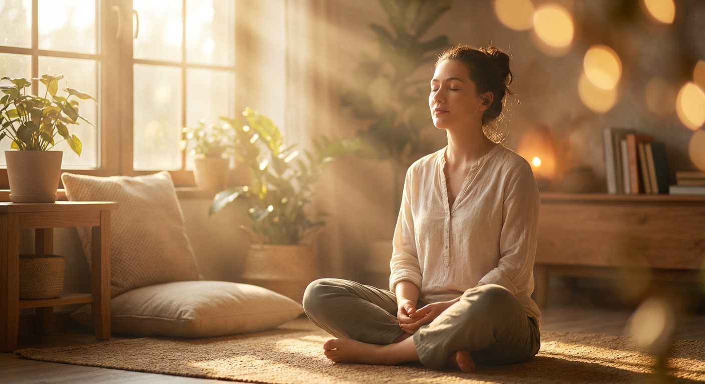 Person meditating in warm golden light representing spiritual growth and positive energy