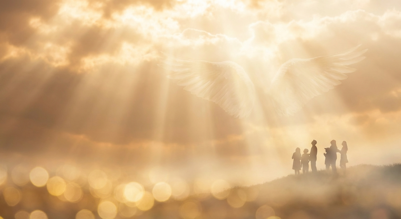 Golden light rays streaming through clouds with angelic wings representing divine protection of angel number 444