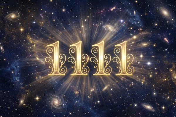 Angel number 1111 in ornate golden typography on cosmic background