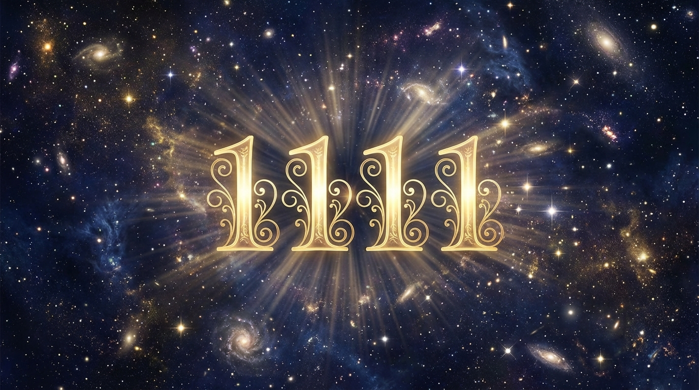 Angel number 1111 in ornate golden typography on cosmic background