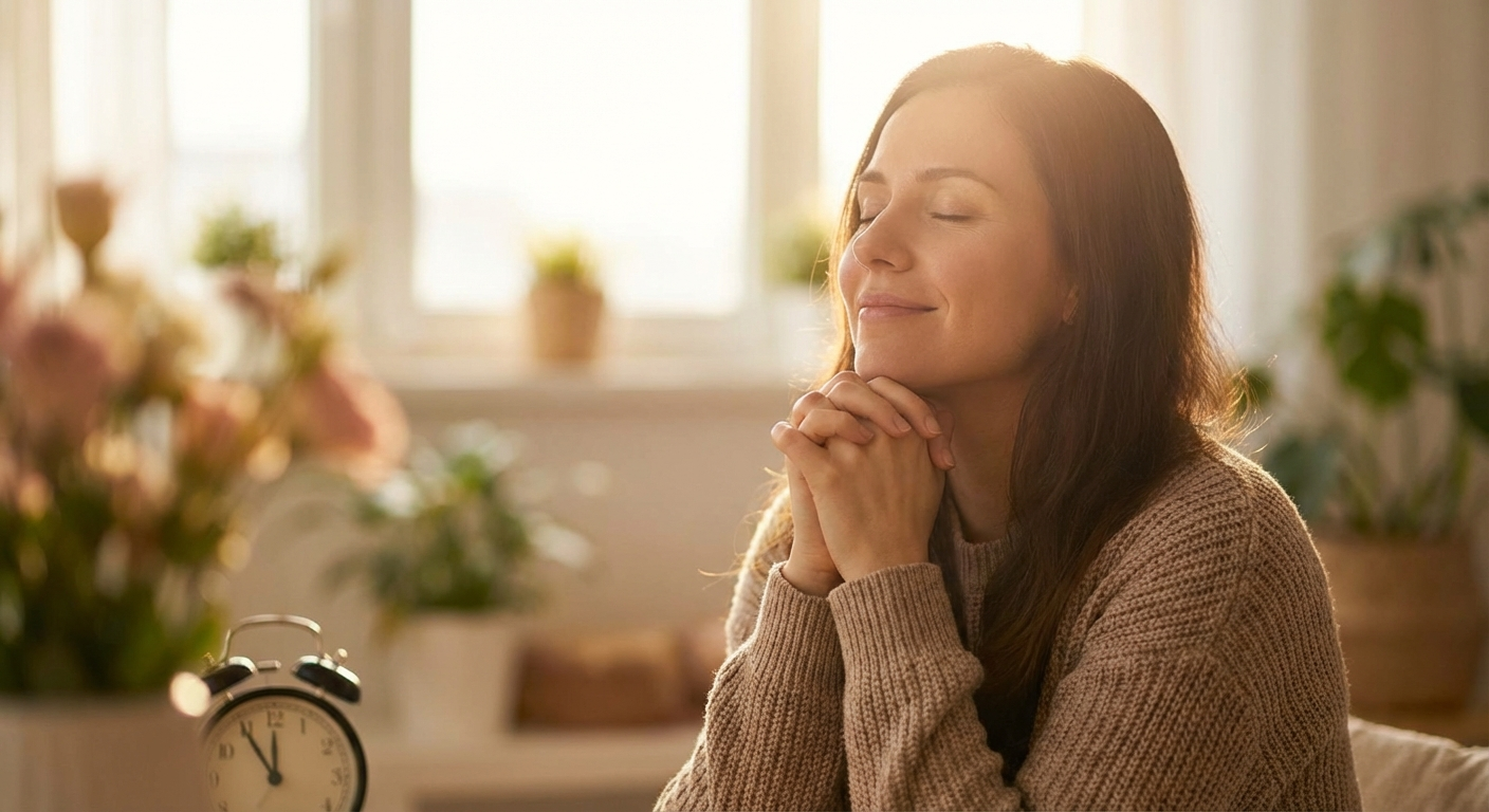 Woman making a wish at 11:11 surrounded by golden light
