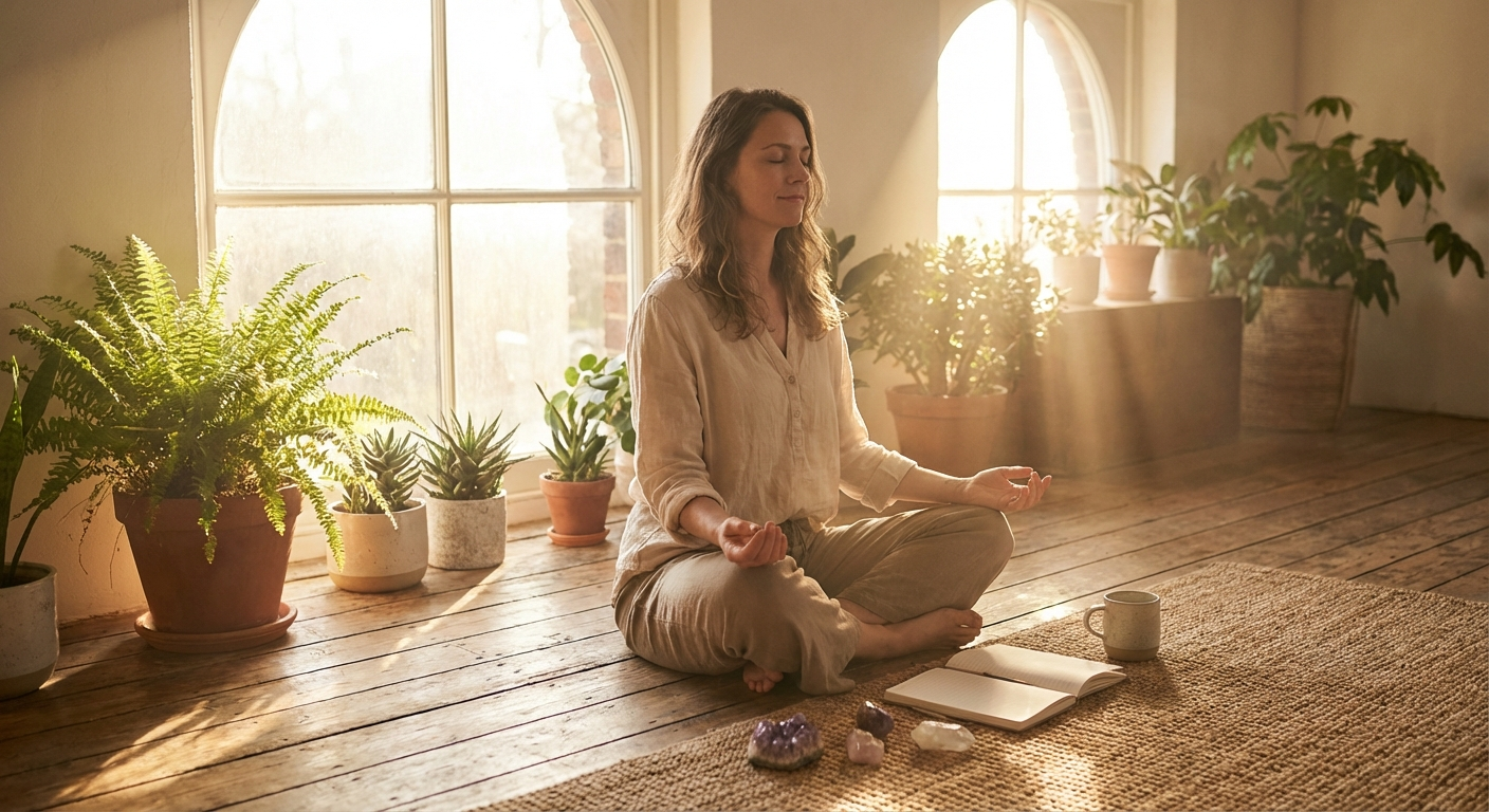 Woman meditating peacefully in a sunlit room with crystals and journal beside her