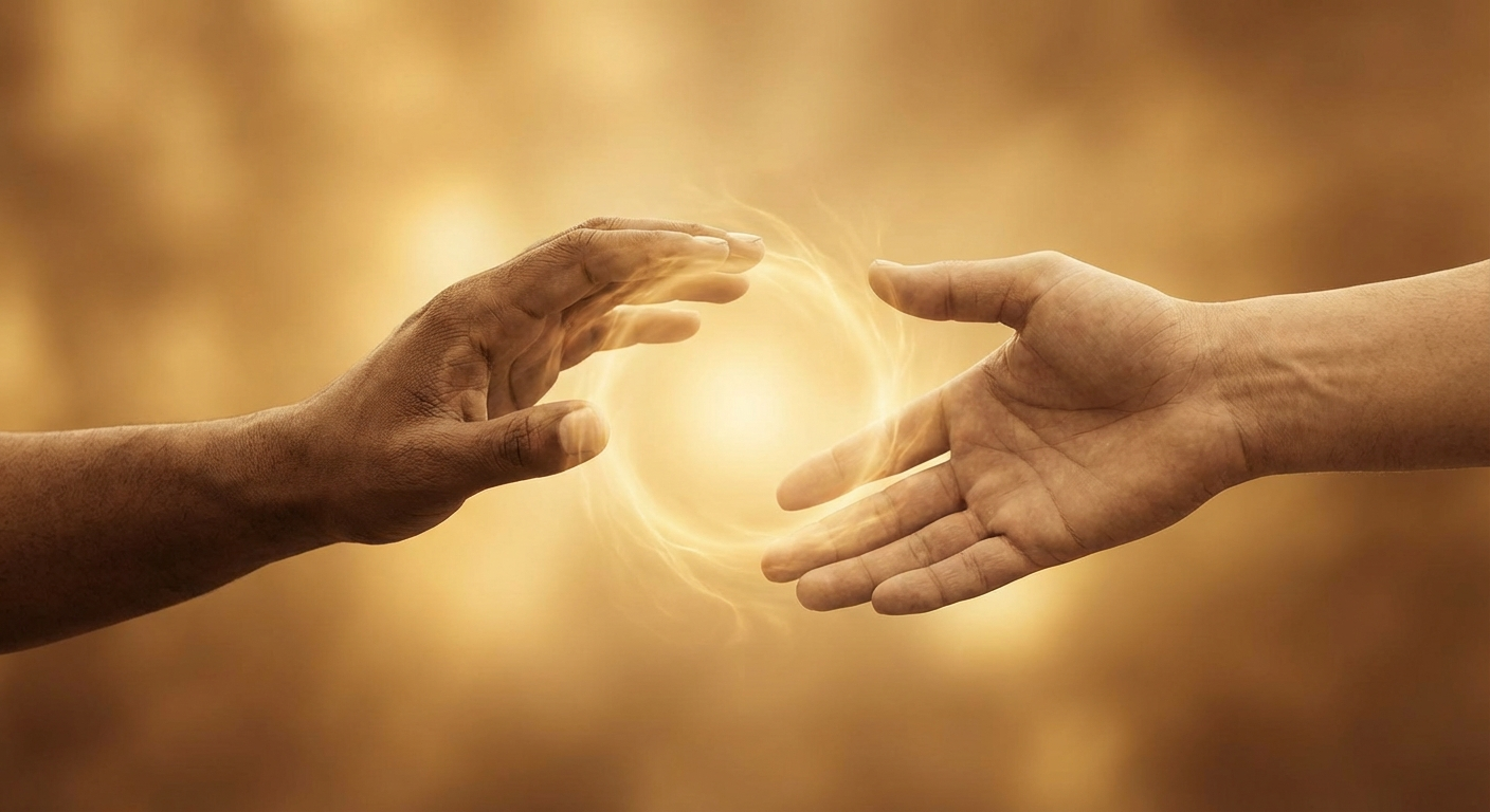 Two hands reaching toward each other in warm golden light symbolizing partnership and harmony