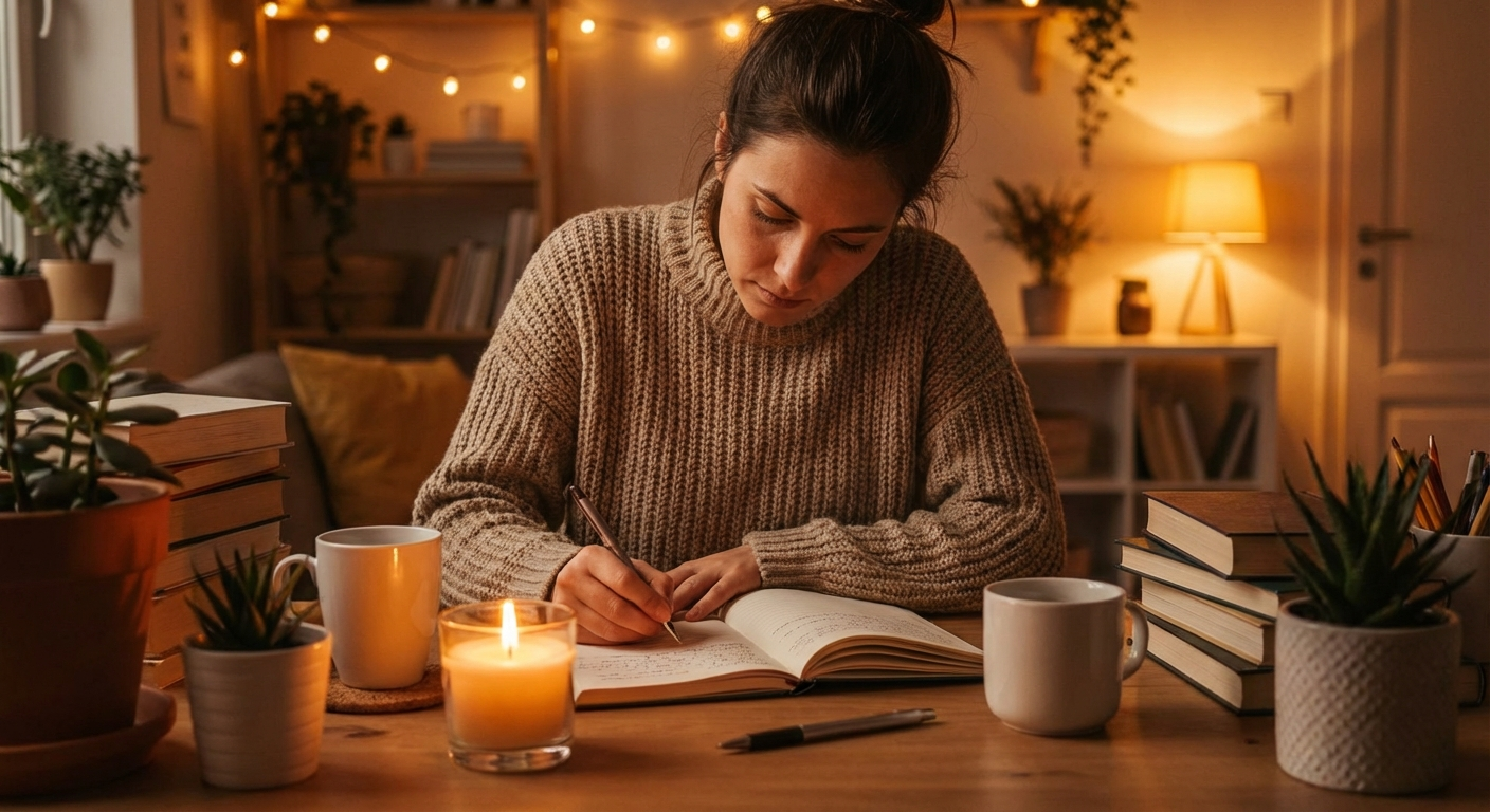 Woman journaling by candlelight in a warm spiritual self-reflection scene