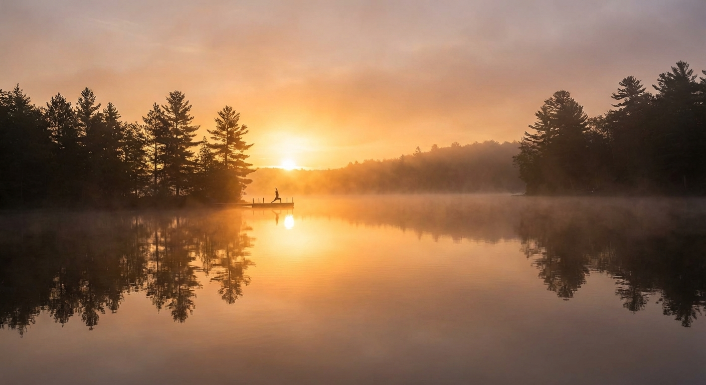 Peaceful sunrise over a calm lake with soft golden light symbolizing spiritual awakening