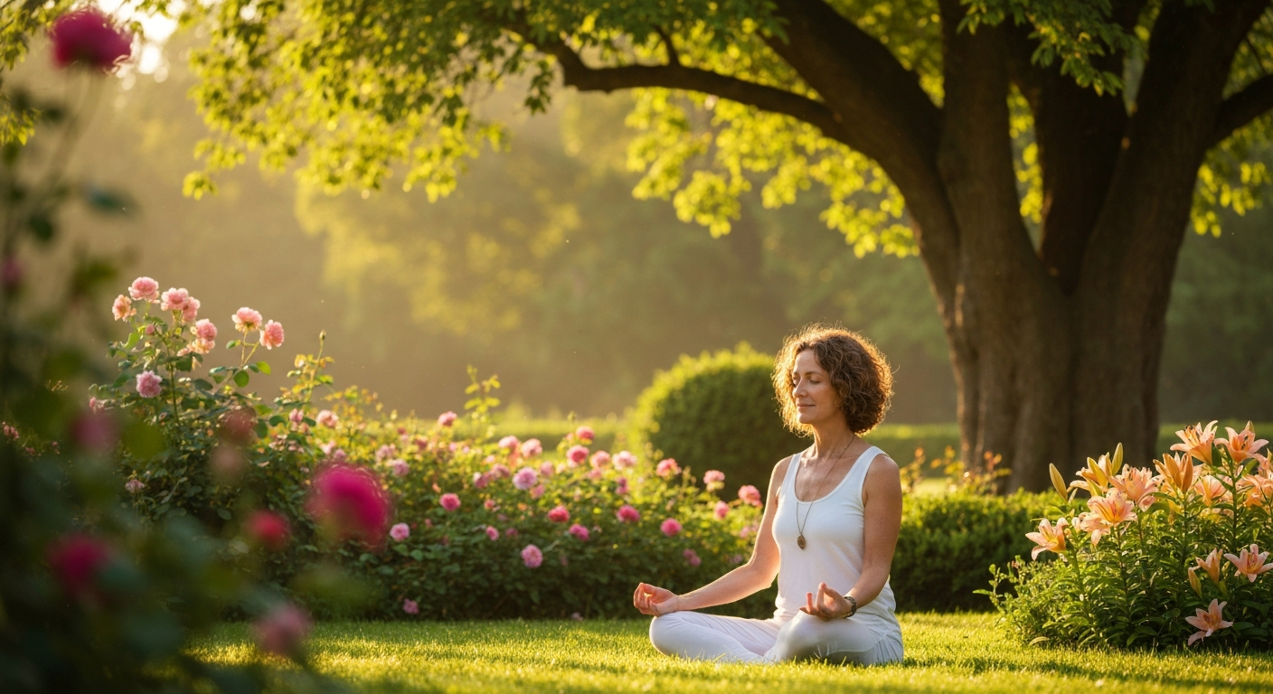 Woman meditating peacefully in a sunlit garden