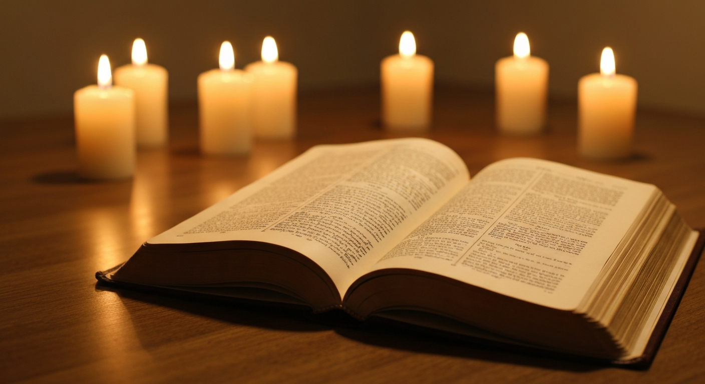 Open Bible with candlelight symbolizing the biblical significance of the number seven