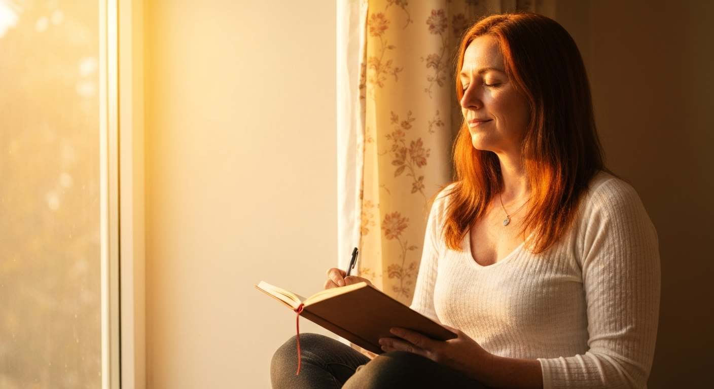 Woman journaling peacefully in warm morning light as part of spiritual practice