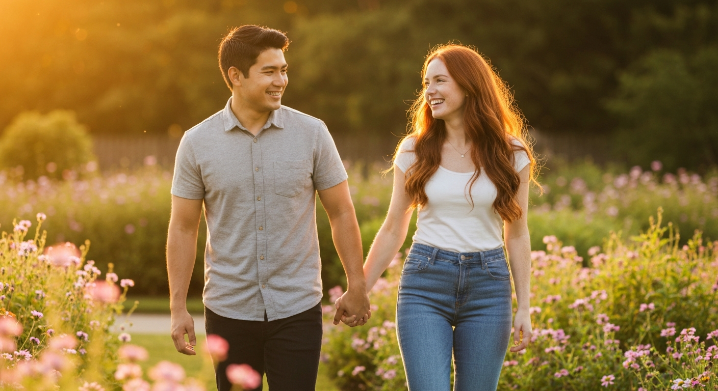 Couple walking together in golden sunlight, representing the balanced love energy of 888