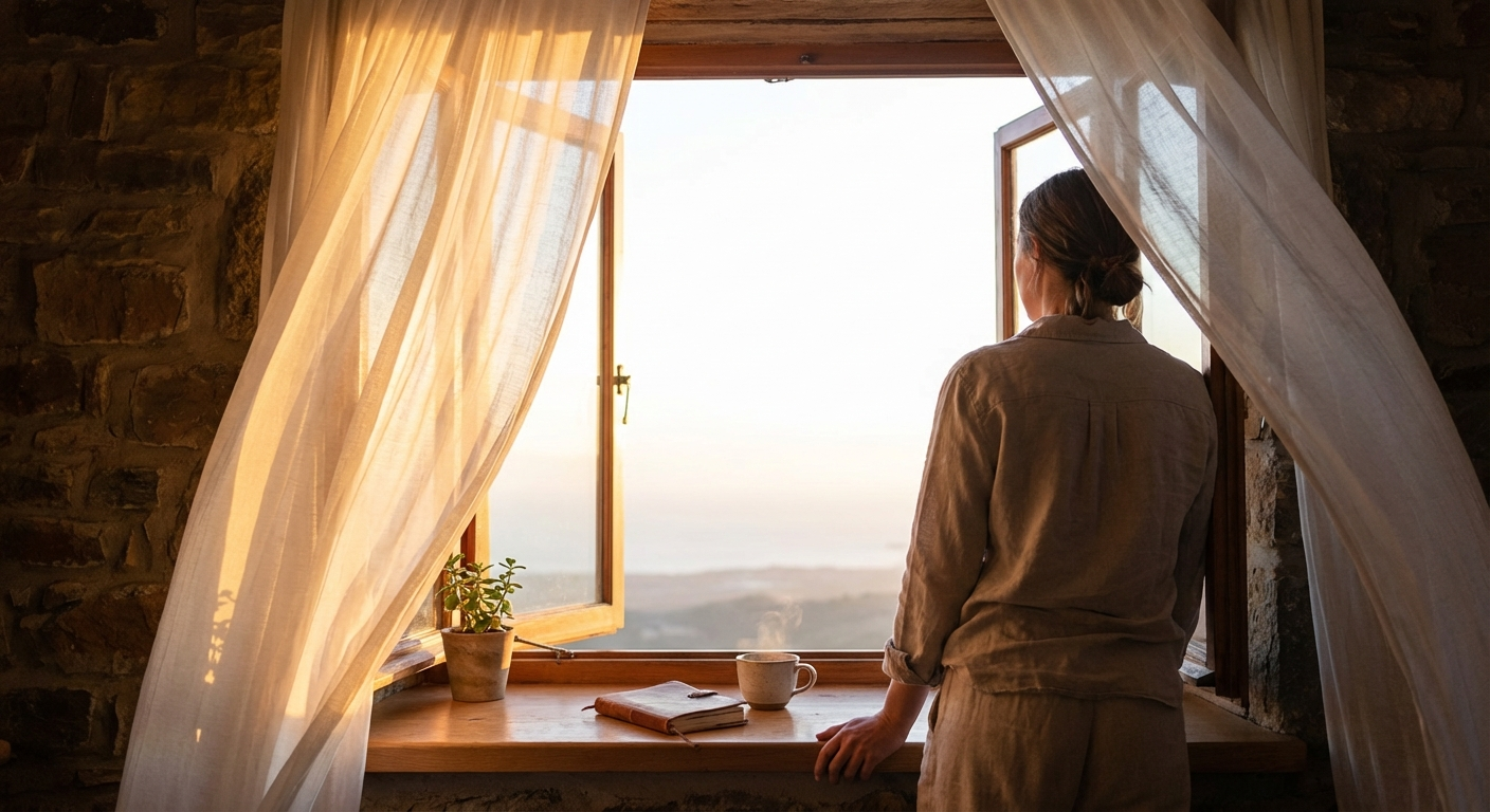 Open window with flowing curtains at sunset symbolizing new beginnings and transformation