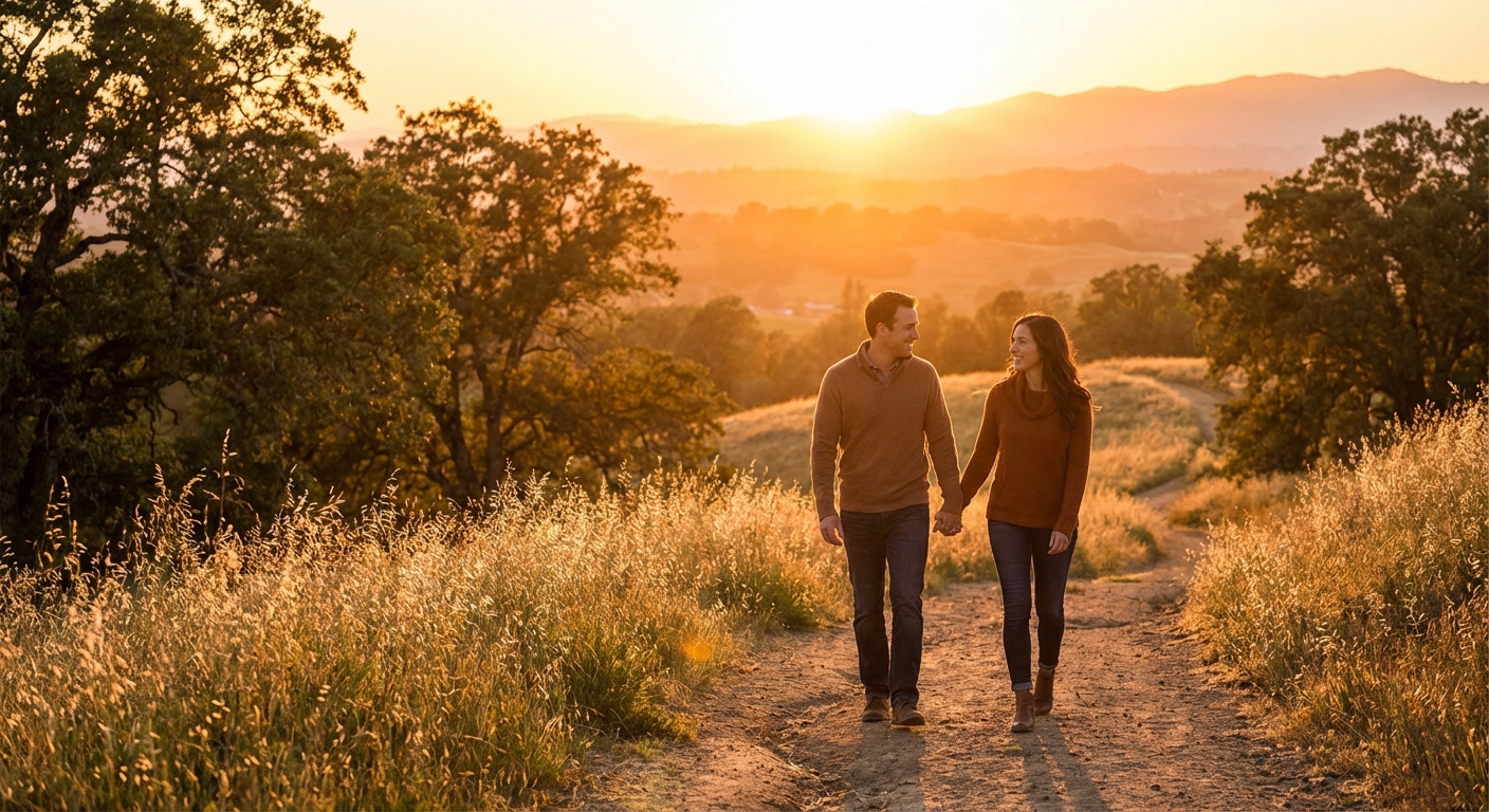 Couple holding hands walking together at golden hour symbolizing love and connection