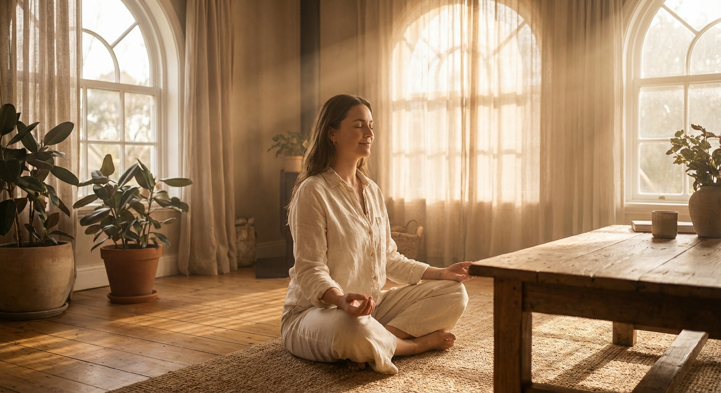 Woman meditating peacefully in sunlit room representing spiritual awakening