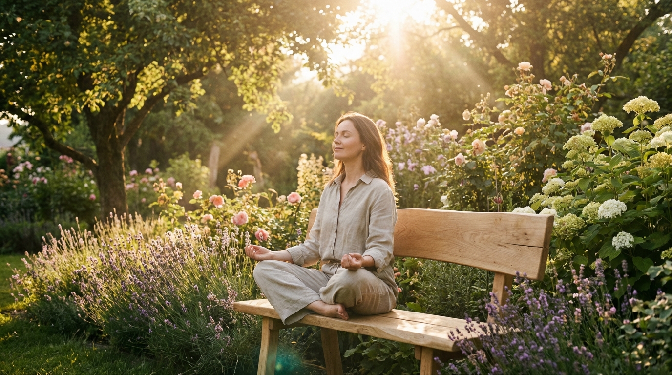 Woman meditating peacefully in a sunlit garden surrounded by flowers