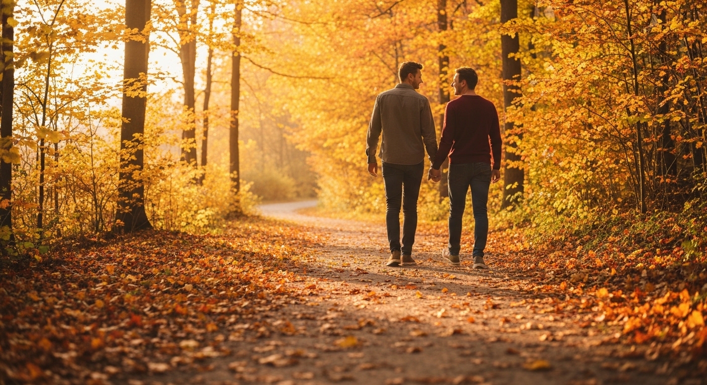 Couple walking together on a path during golden hour