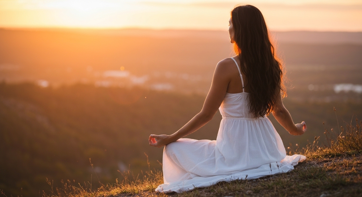 Woman meditating at sunset representing transformation and change
