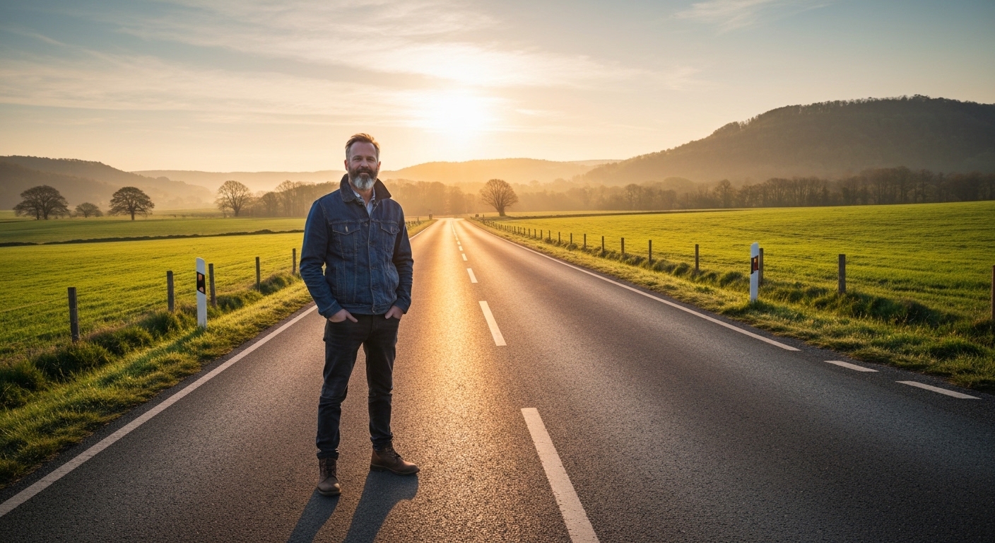 Person standing at a crossroads looking toward sunrise