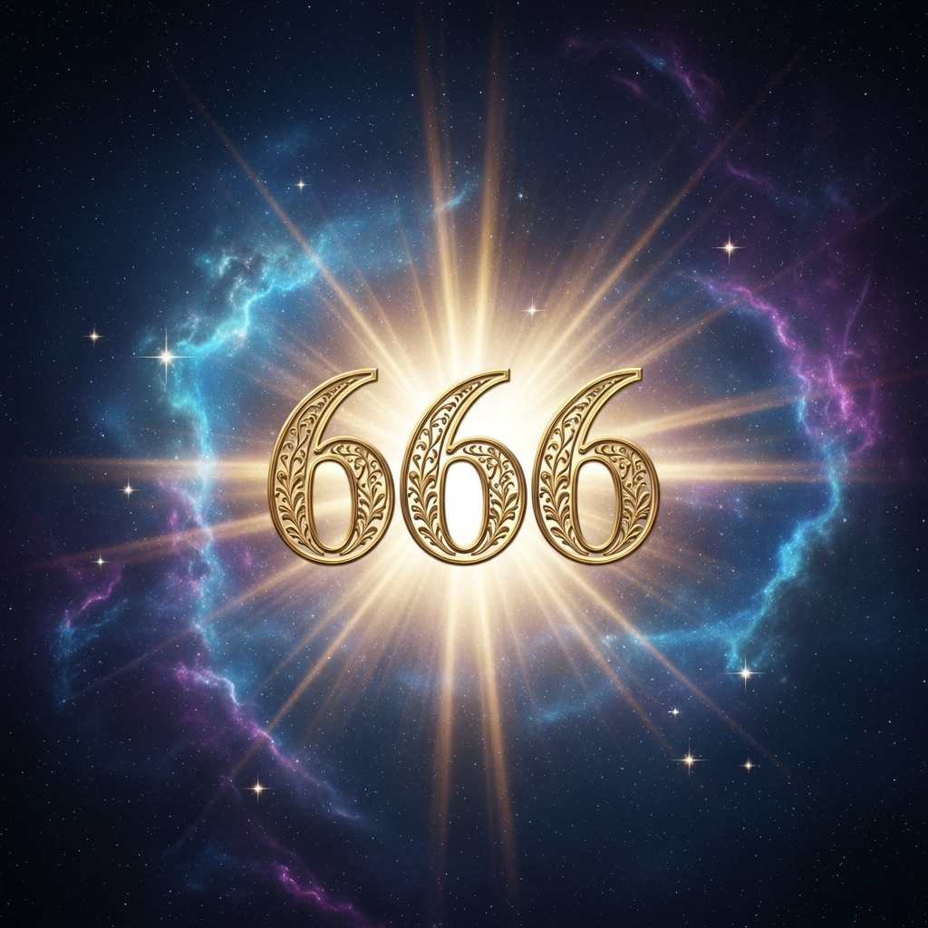 Cosmic spiritual image with angel number 666 in ornate golden typography against a deep purple nebula background