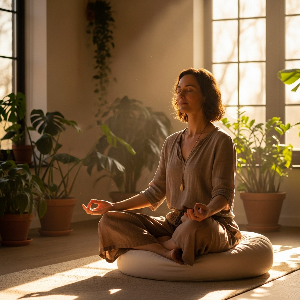 Woman meditating peacefully in a sunlit room surrounded by plants, representing the balance and harmony of angel number 666