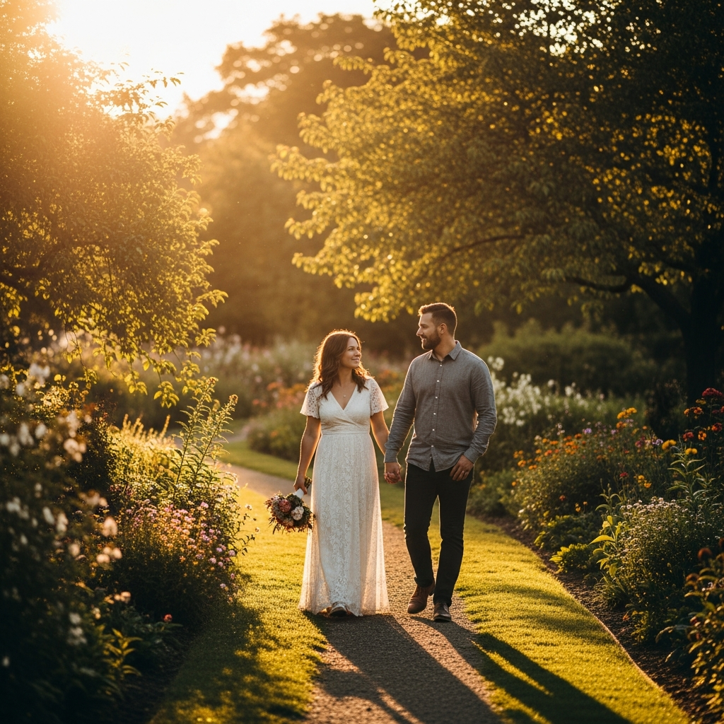 Couple holding hands walking through a golden sunset garden path representing love and connection