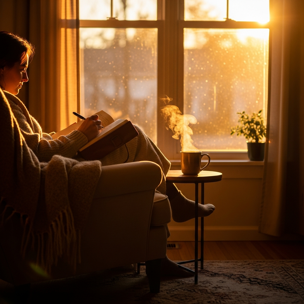 Person journaling by a sunlit window with tea, reflecting on spiritual growth and self-care