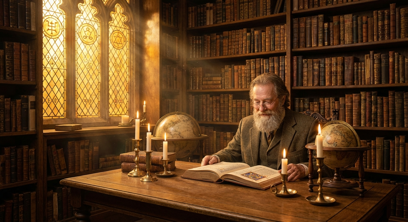 Mystical ancient library bathed in golden light, symbolizing the deep spiritual wisdom of angel number 777