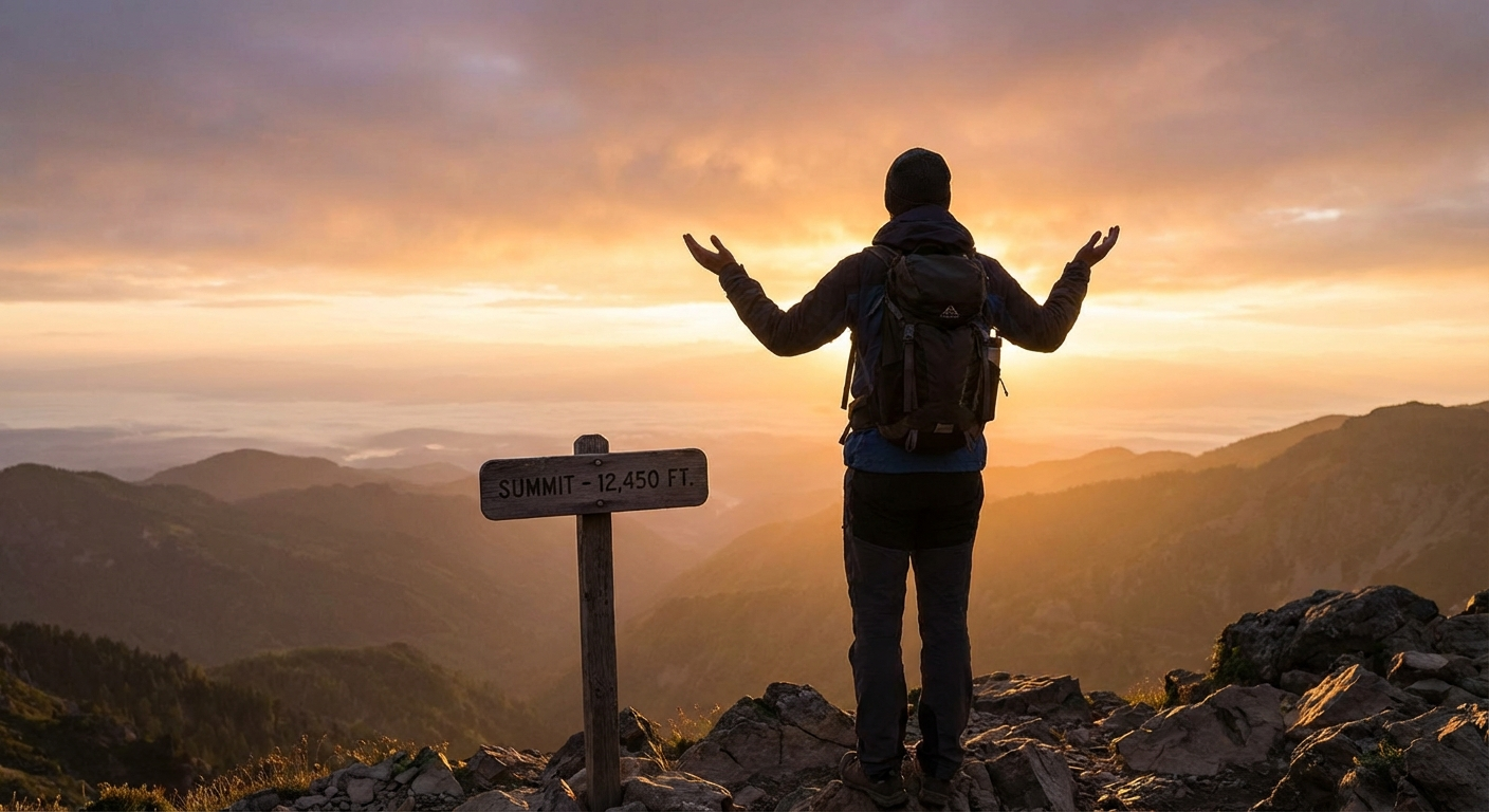 Person standing on a mountain summit at golden hour, representing the spiritual achievement associated with angel number 777