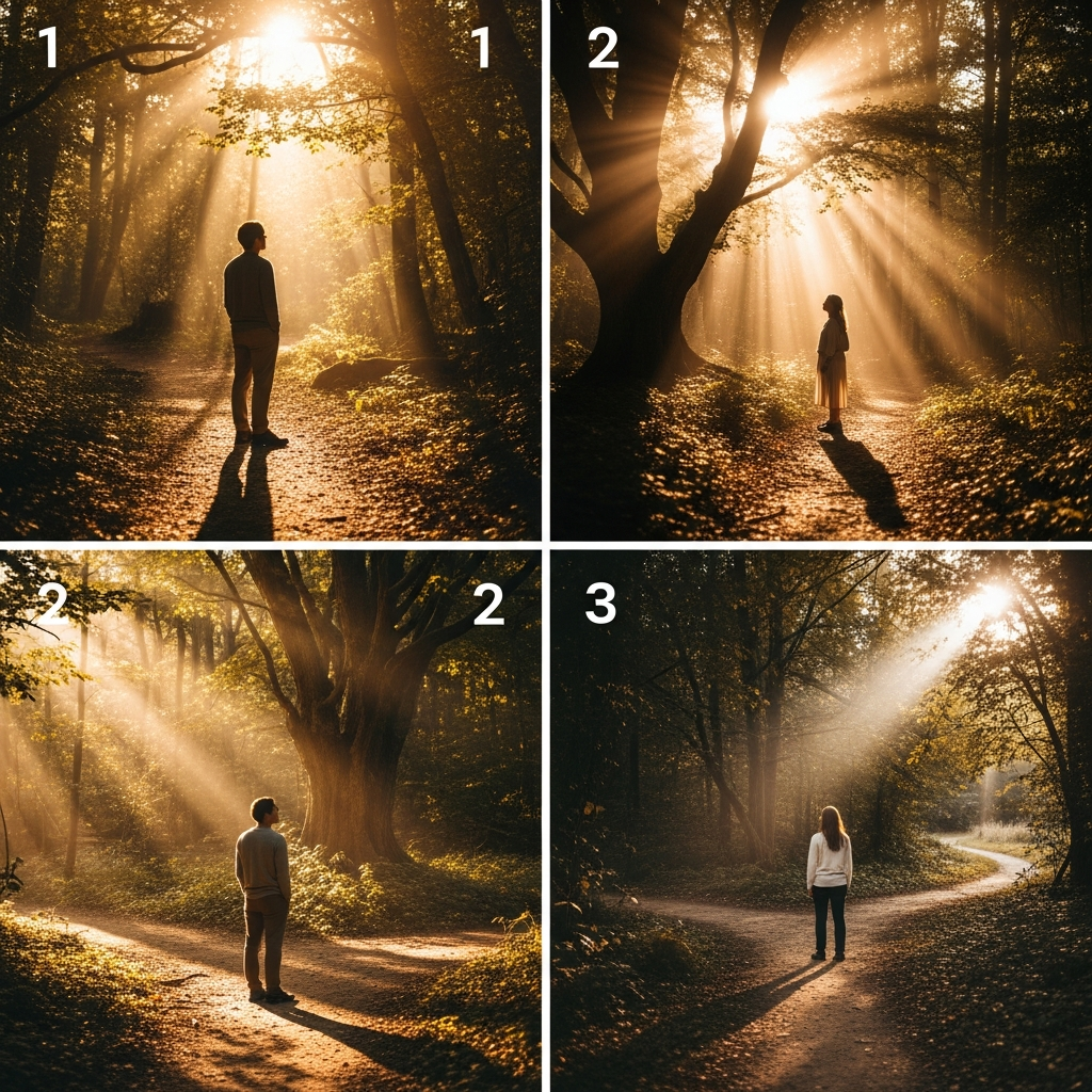 A person standing at a sunlit crossroads in nature, symbolising the spiritual choices angel number 0557 encourages