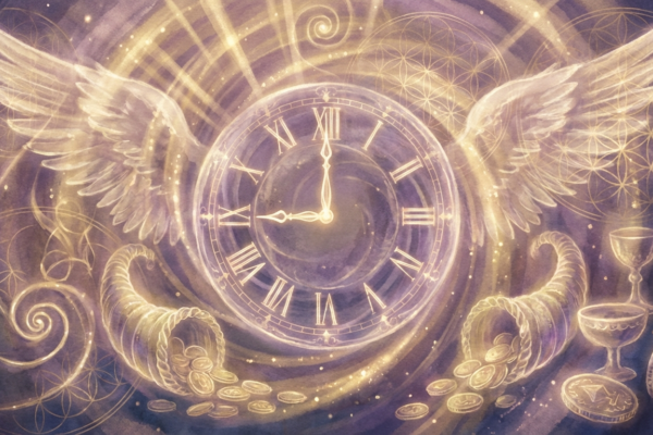 Angel Number 0918 - mystical clock showing 9:18 with celestial golden light and angel wings