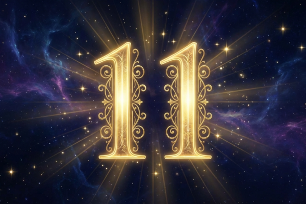 Angel number 11 glowing in golden ornate typography against a cosmic background