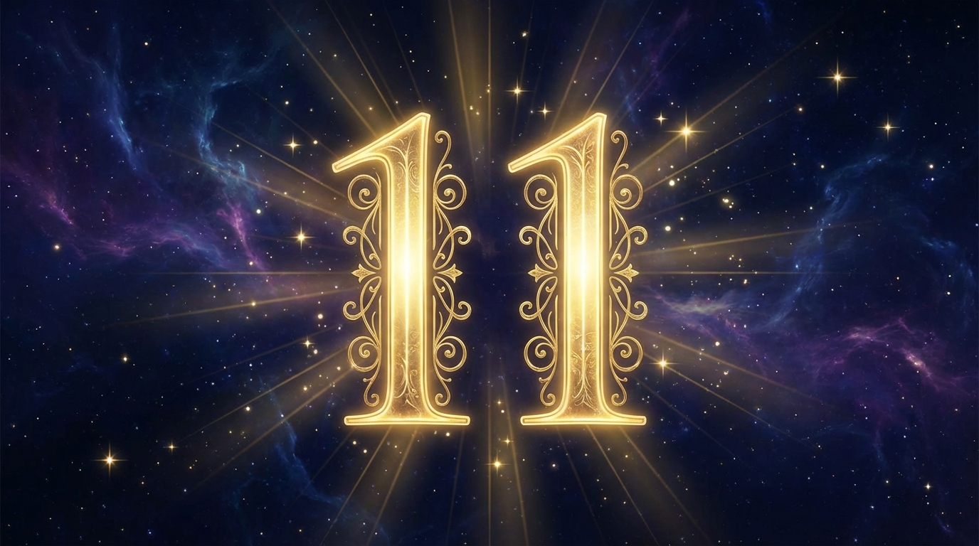 Angel number 11 glowing in golden ornate typography against a cosmic background