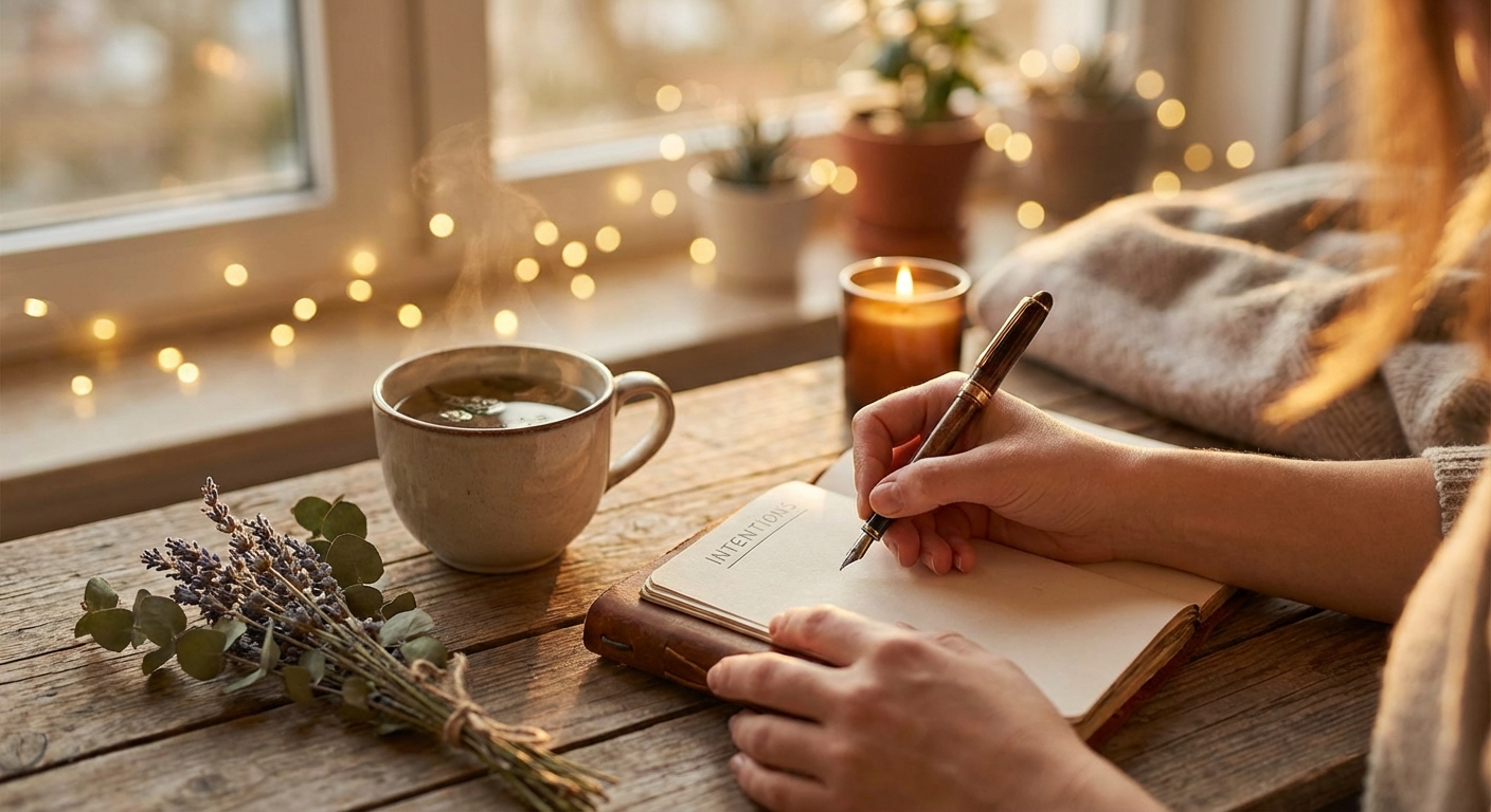 Person writing intentions in a journal with warm golden light and tea, setting intentions for new beginnings
