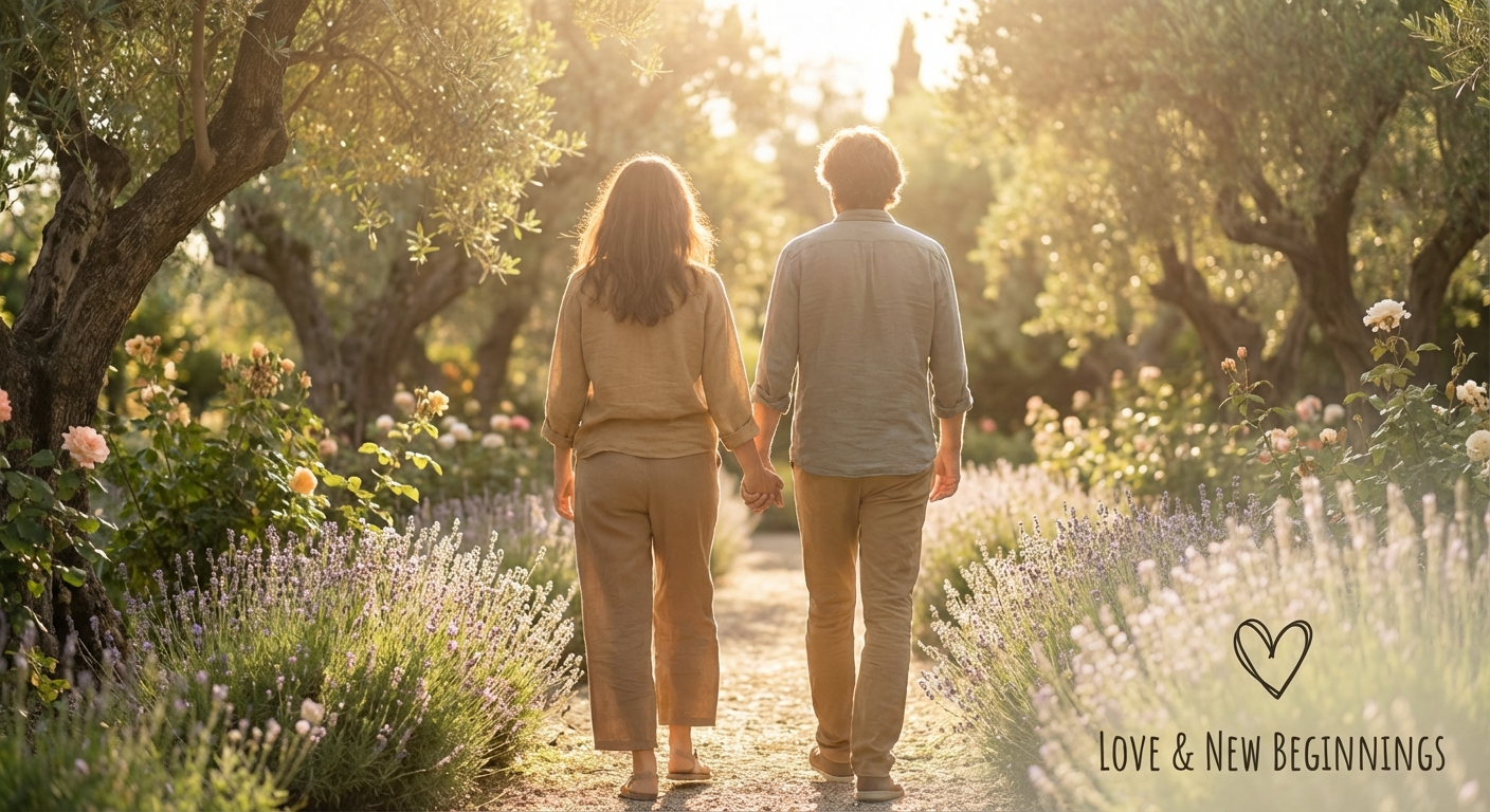 Couple walking hand in hand through a sunlit garden path, symbolizing love and new beginnings