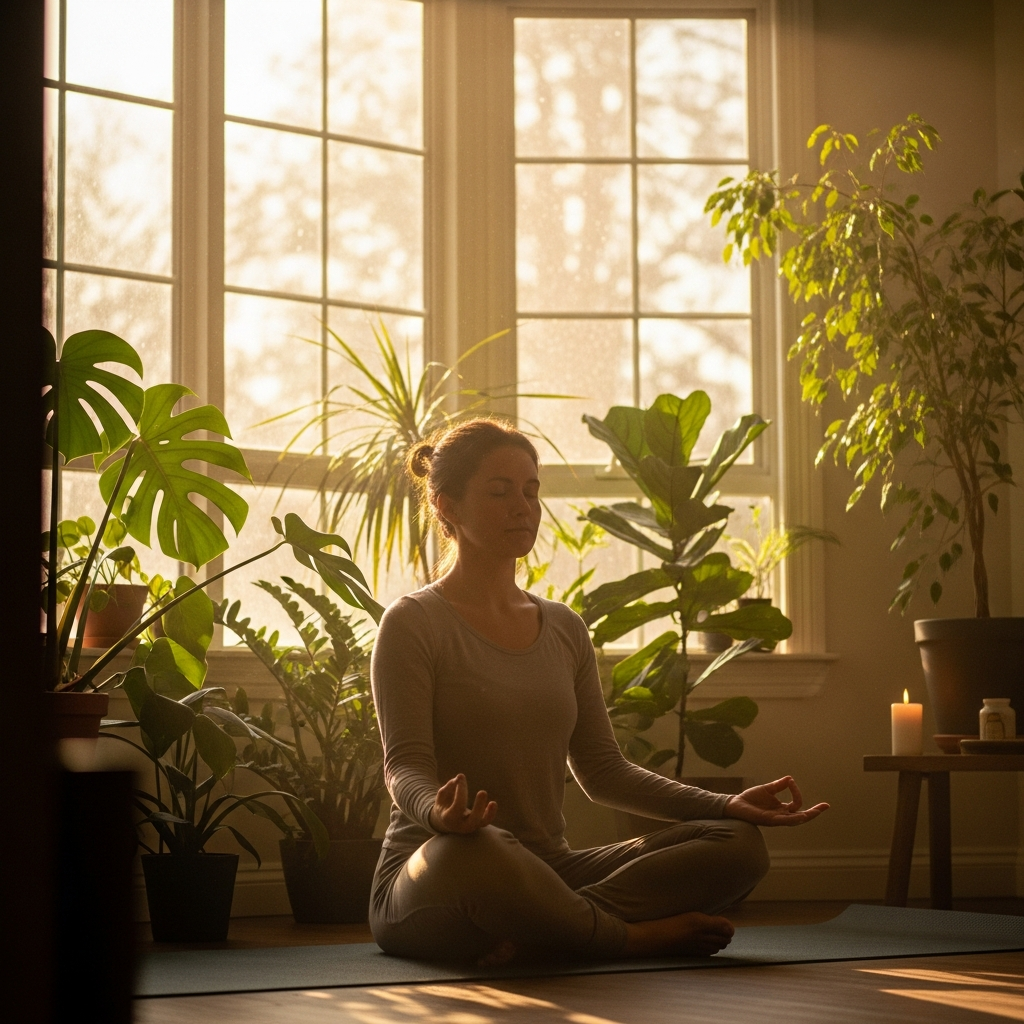 Woman meditating in peaceful golden light representing the harmony and balance of angel number 1166