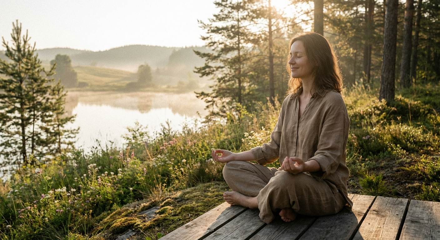 Woman meditating peacefully in golden morning light, representing the spiritual awakening energy of angel number 1212