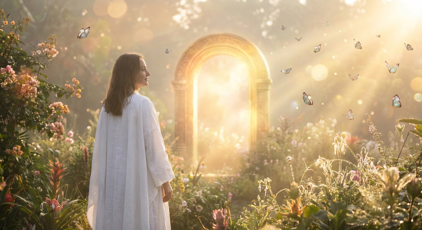 A person standing before a glowing golden doorway in a mystical garden representing angel number 1441 new beginnings