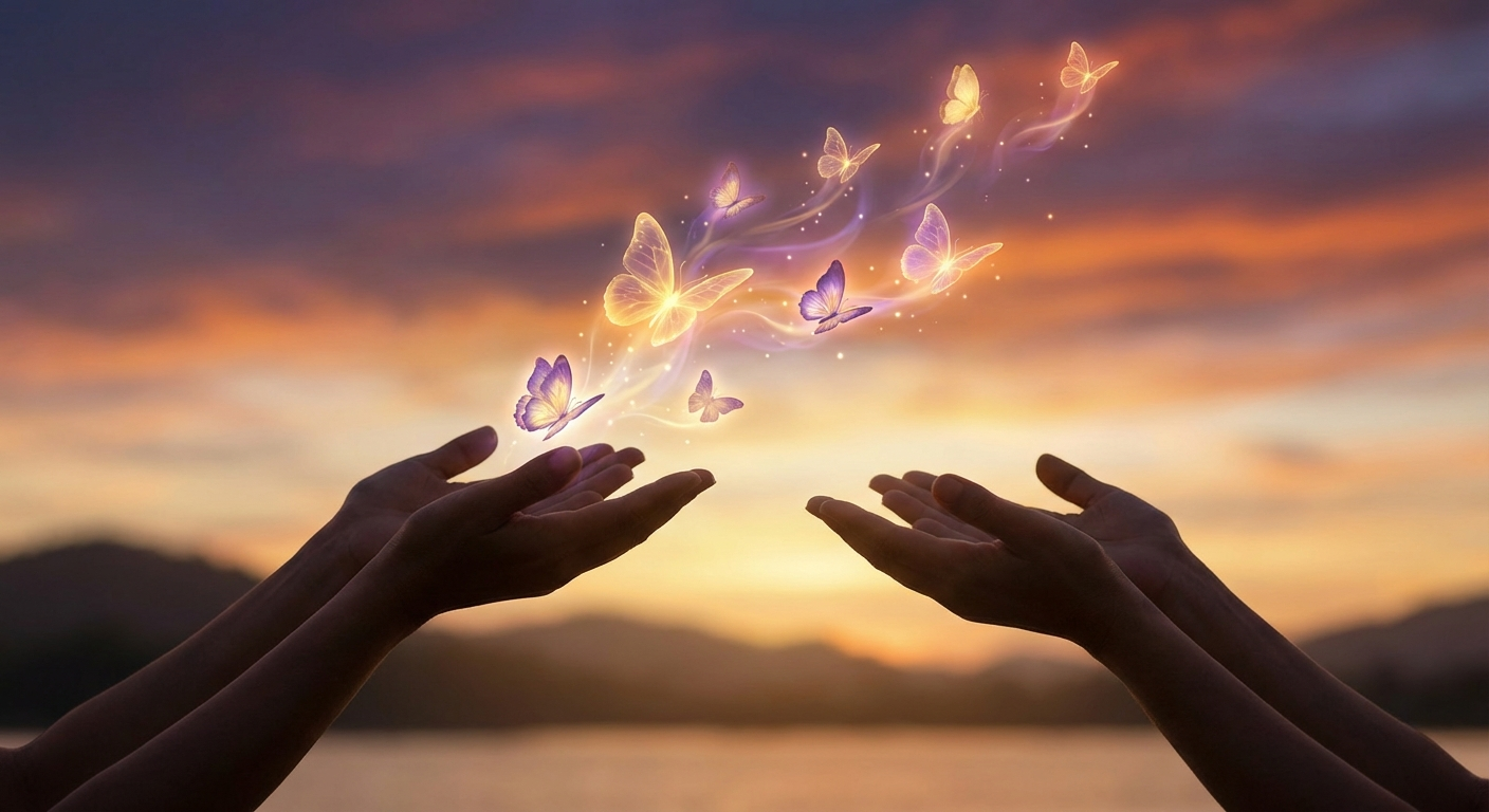 Hands releasing glowing butterflies into a sunset sky, symbolizing the freedom and transformation of angel number 1555