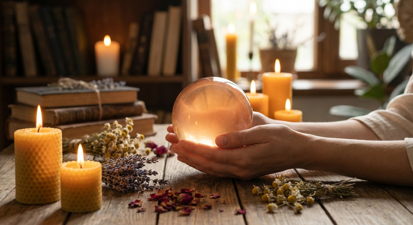 Spiritual healing energy with crystals and candlelight