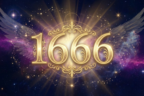 Angel number 1666 cosmic golden typography on deep purple nebula background
