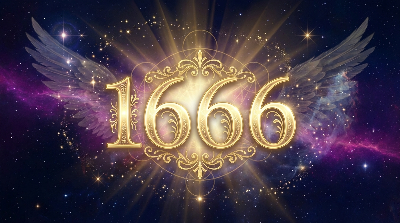 Angel number 1666 cosmic golden typography on deep purple nebula background
