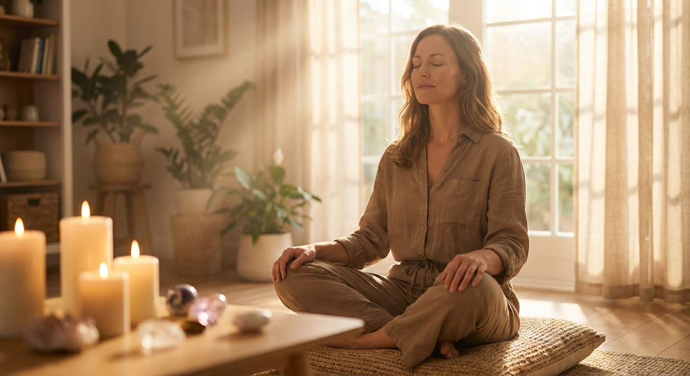 Woman meditating peacefully in sunlit room with crystals and candles