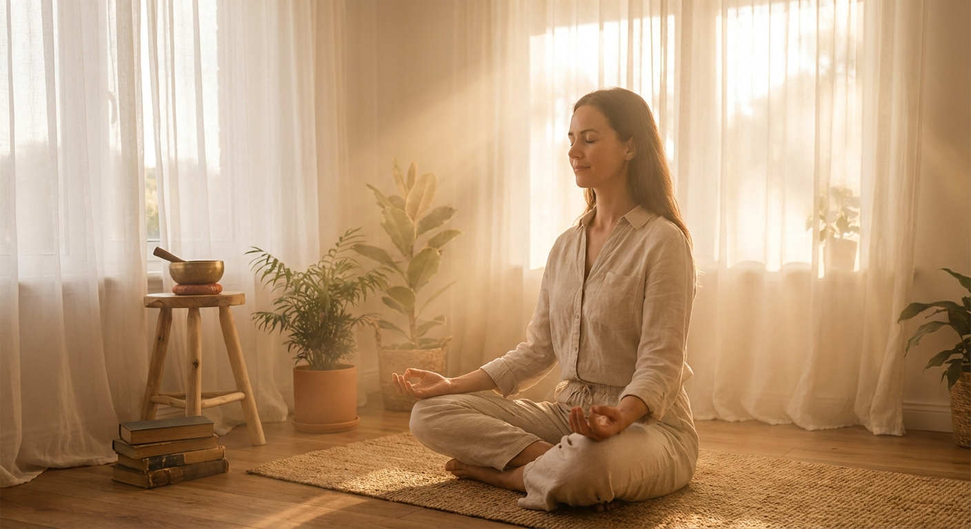 A woman meditating peacefully in golden light, representing the balance and harmony of Angel Number 2002